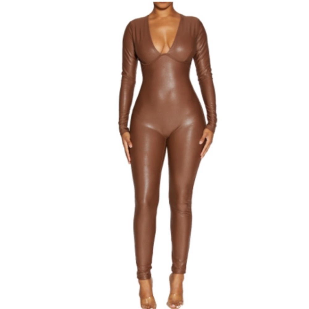 Faux Leather Long Sleeve Jumpsuit Brown